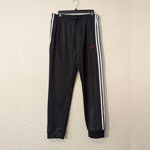 NWOT Adidas M Black Track Pants White Stripes Red Logo Streetwear Loungewear